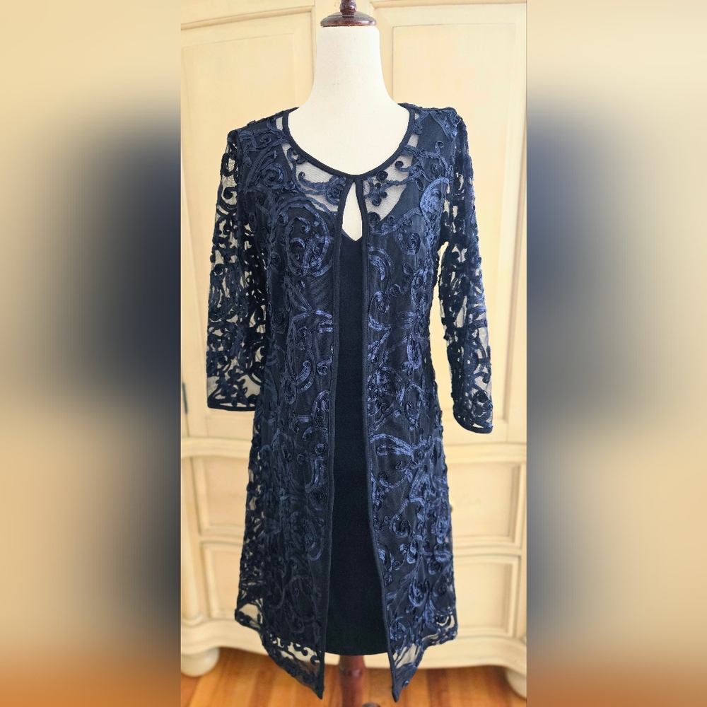 Connected Apparel Navy Dress with Lace Accents